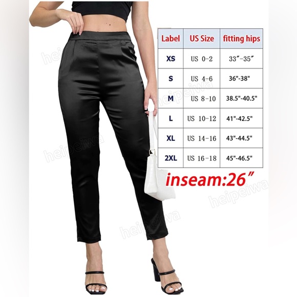 heipeiwa Women's Satin High Waist Pants, Elastic Pull On Waist with Pockets sz L - Picture 3 of 6